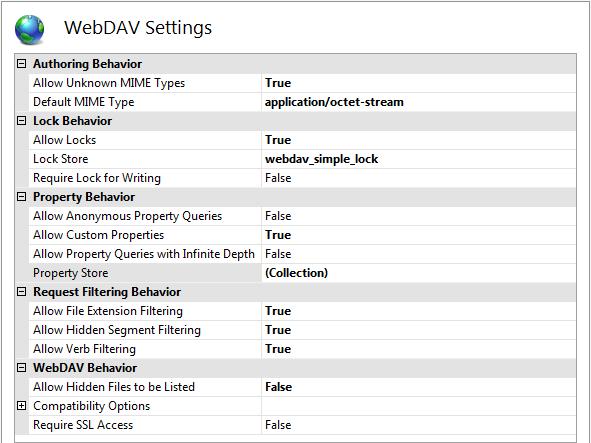 Screenshot della schermata Web D A V Settings (Impostazioni di Web D A V).