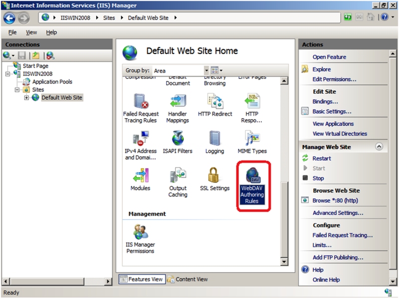 Screenshot di I S Manager con la scheda Home del sito Web predefinito visualizzata. L'icona Web D A V Authoring Rules è evidenziata e cerchiata.