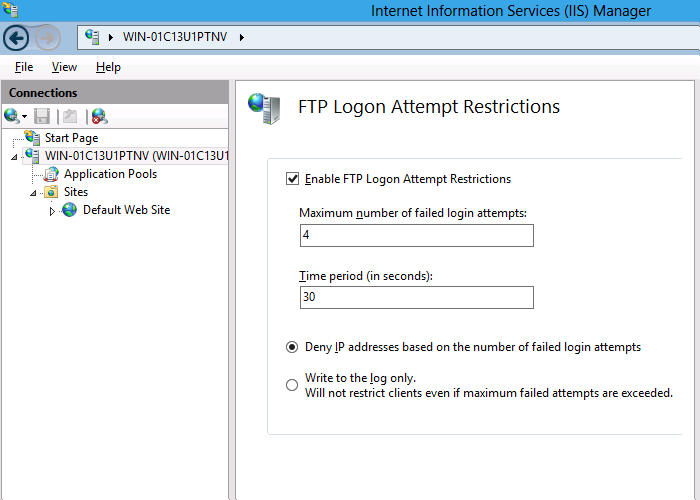 Screenshot della schermata Restrizioni tentativi di accesso F T P.