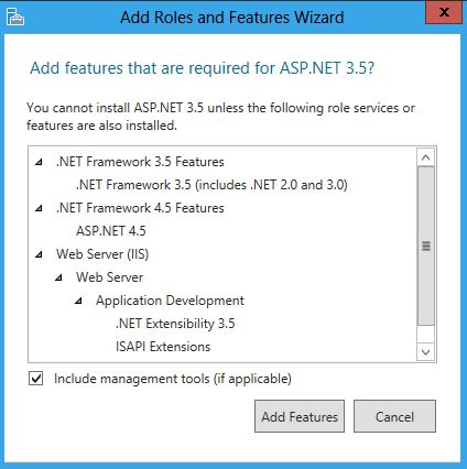 Screenshot della finestra di dialogo con la domanda Aggiungi funzionalità necessarie per A S P dot NET 3 point 5.