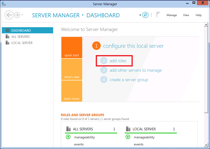 Screenshot della nuova interfaccia utente di Server Manager con i ruoli aggiunti evidenziati.