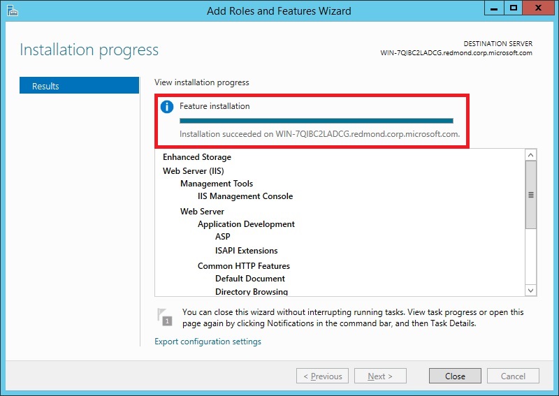 Screenshot che mostra la pagina Risultati in Windows server 2012.