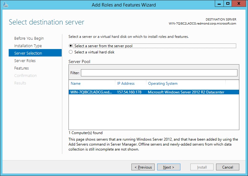 Screenshot che mostra la pagina Selezione server in Windows server 2012.