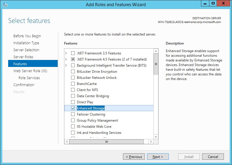 Screenshot che mostra la pagina Funzionalità in Windows Server 2012.
