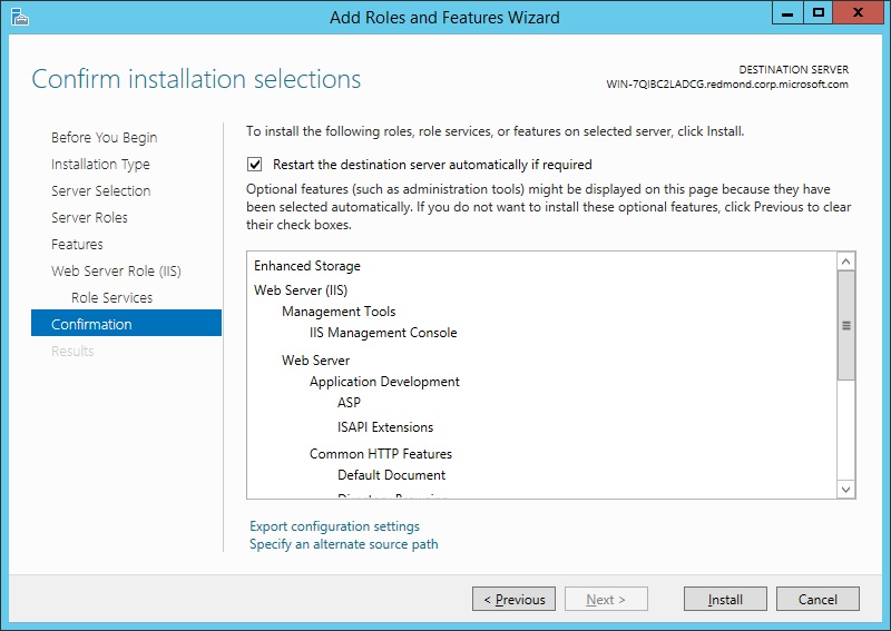 Screenshot che mostra la pagina Conferma in Windows Server 2012.