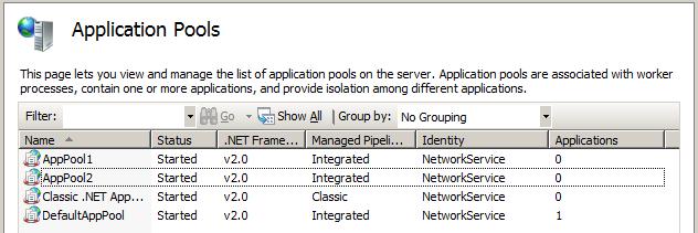Screenshot della schermata Pool di applicazioni che mostra un elenco di pool di applicazioni nel server.