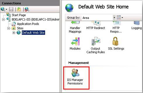 Screenshot del riquadro Connessioni. Il sito Web predefinito è selezionato. Nel riquadro Home del sito Web predefinito è evidenziata l'opzione Autorizzazioni di I S Manager.