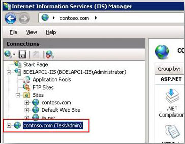Screenshot della procedura guidata Connetti al sito. Viene visualizzata la pagina Internet Information Services (I S) Manager. Il nome del sito contoso dot com è evidenziato e selezionato.