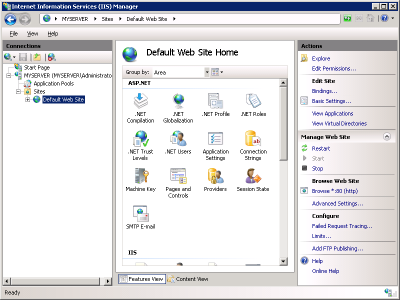 Screenshot di Internet Information I Manager. Nel riquadro Connessioni viene evidenziato il sito Web predefinito.