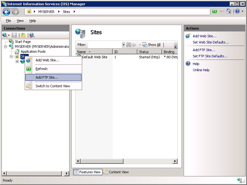 Screenshot della schermata I S Manager con lo stato attivo sull'opzione Aggiungi sito F T P nel menu a discesa del pulsante destro del mouse sulla cartella Siti.