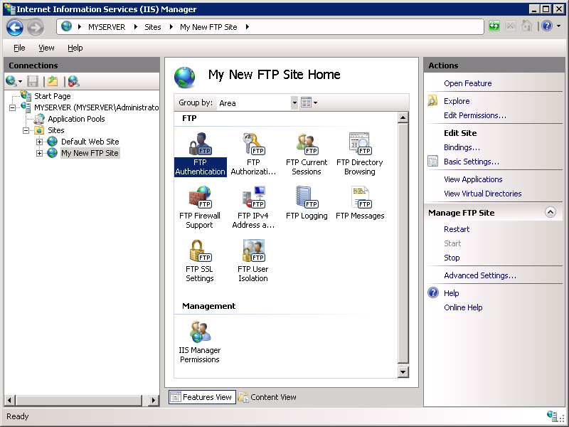Screenshot della schermata I S Manager con lo stato attivo sull'opzione F T P Authentication (Autenticazione F T P) nella sezione Home del sito F T P.