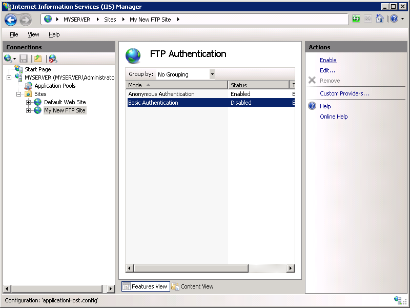 Screenshot della sezione F T P Authentication della schermata I S Manager con lo stato attivo sull'opzione Abilita nel riquadro Azioni.
