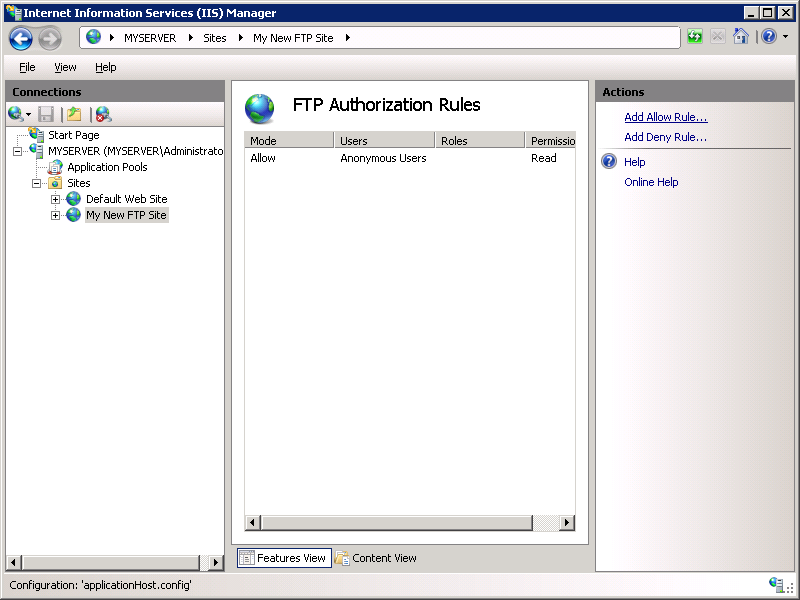 Screenshot della sezione F T P Authorization Rules della schermata I S Manager con lo stato attivo sull'opzione Aggiungi regola consenti nel riquadro Azioni.