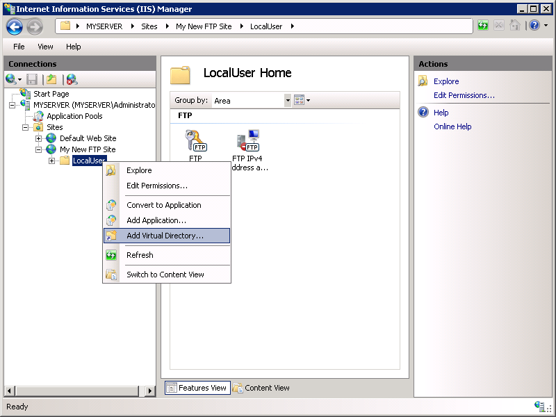 Screenshot del riquadro Connessioni della schermata I S Manager con lo stato attivo sull'opzione Aggiungi directory virtuale nel menu a discesa.