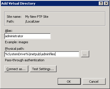 Screenshot della finestra di dialogo Aggiungi directory virtuale.