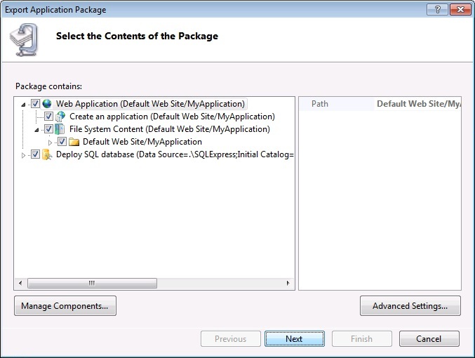 Screenshot della finestra di dialogo Esporta pacchetto applicazione con lo stato attivo sull'opzione Avanti.