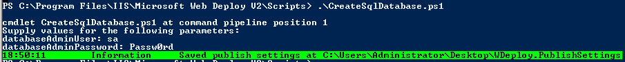 Screenshot di una console di PowerShell con scripting e output con connessione al file di impostazioni di pubblicazione esistente.