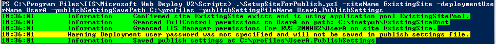 Screenshot di una console di PowerShell con script e output per le impostazioni di pubblicazione.