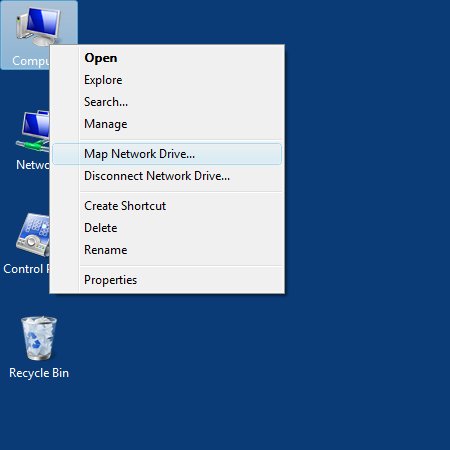 Immagine dell'icona del desktop per Computer aperto con l'opzione Mappa unità di rete selezionata nell'elenco a discesa.