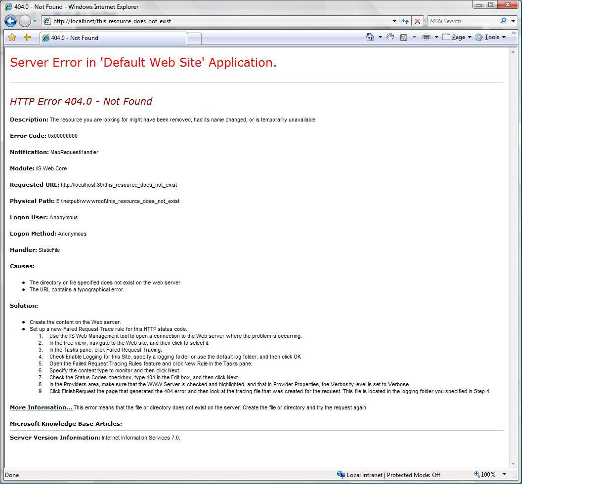 Screenshot della pagina Web Errore server nella pagina Web Applicazione sito Web predefinita, che mostra una sezione Causa e soluzione per l'errore.