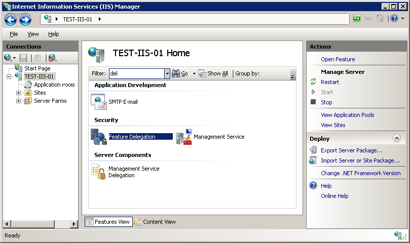 Screenshot della finestra del gestore I I S che mostra la home page Test I I S 01. L'icona Delega delle funzionalità è evidenziata.