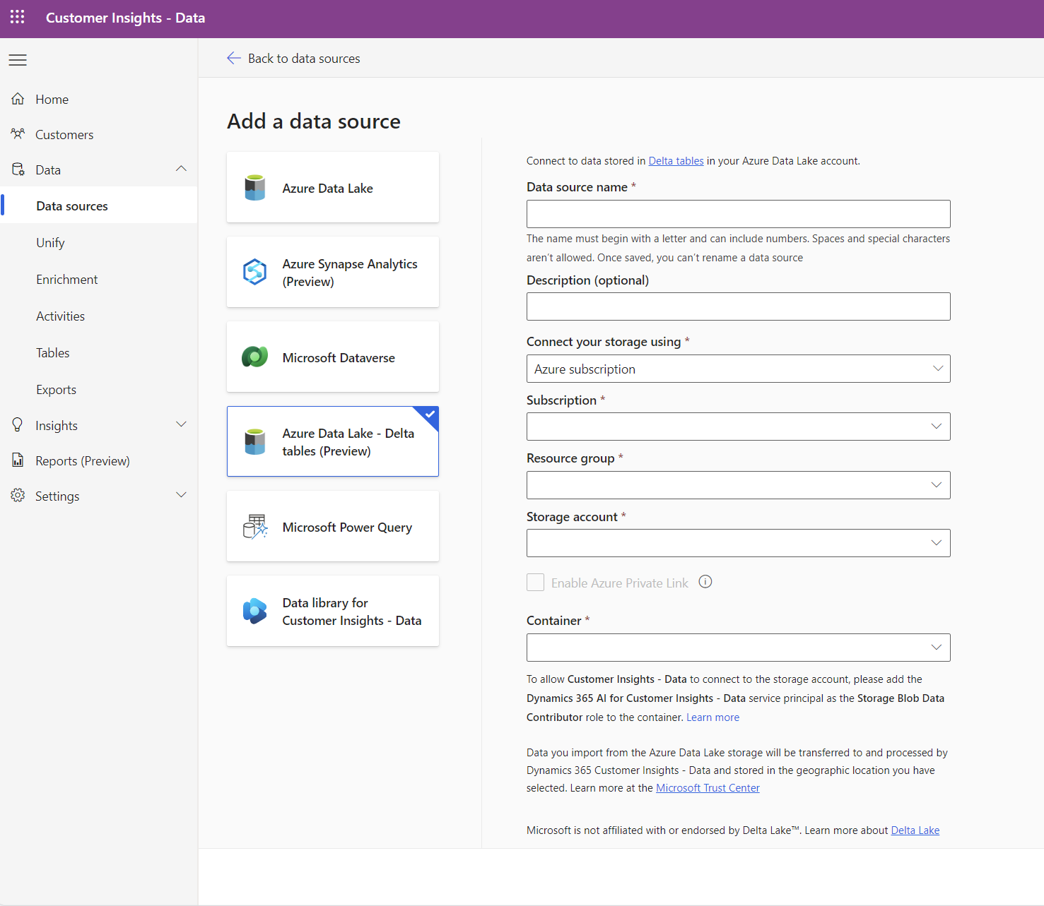 Screenshot che mostra l'impostazione dell'origine dati delle tabelle delta.