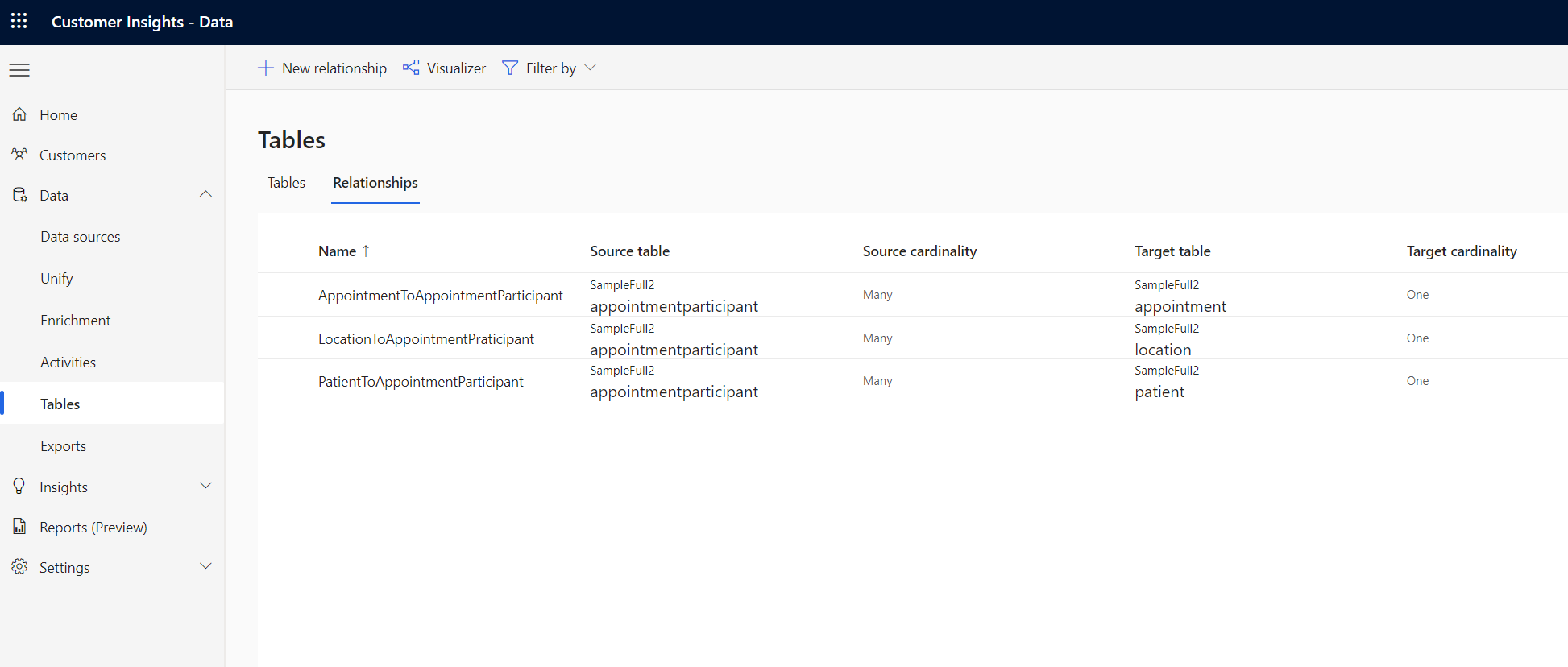 Screenshot che mostra le relazioni di tabella di esempio.