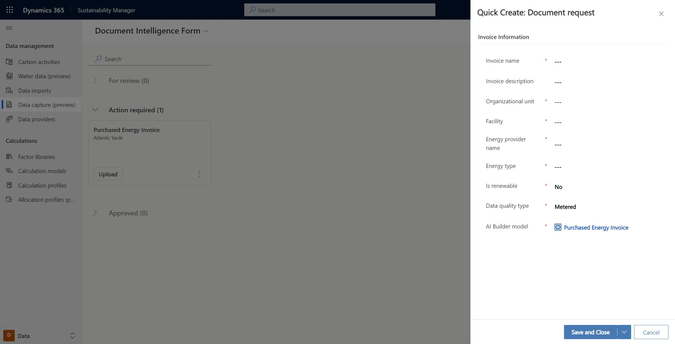 Screenshot del modulo di richiesta del documento di Acquisizione dati.