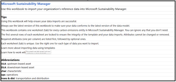 Screenshot che mostra la pagina informativa del modello di Excel.