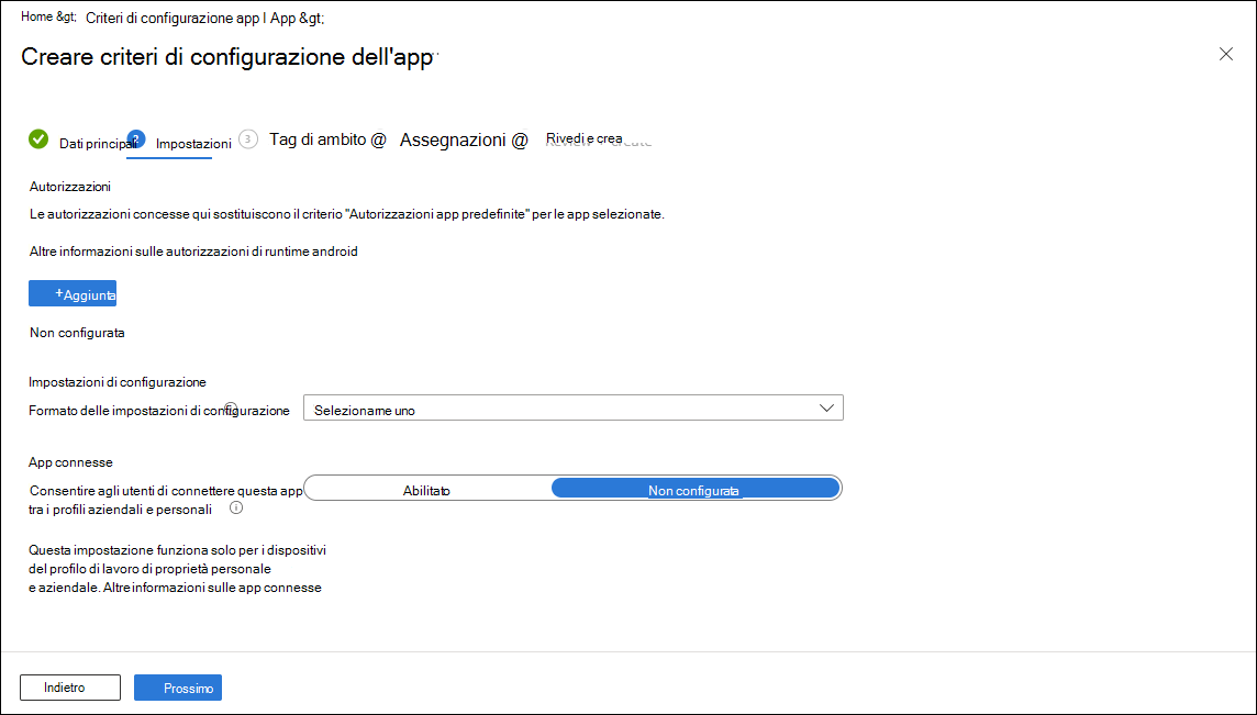 Screenshot dei criteri di configurazione - Impostazioni