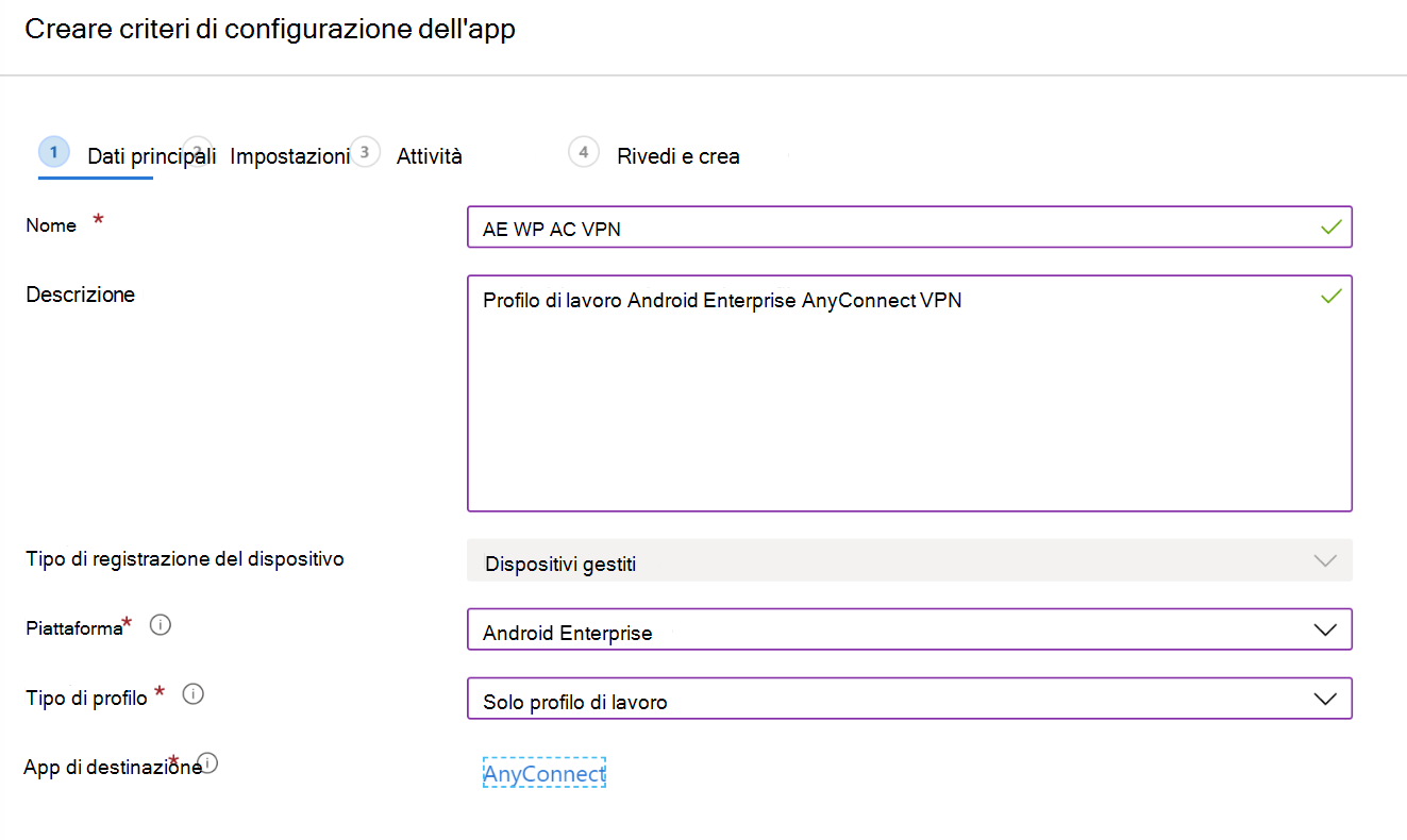 Creare un criterio di configurazione dell'app per configurare VPN o VPN per app in Microsoft Intune