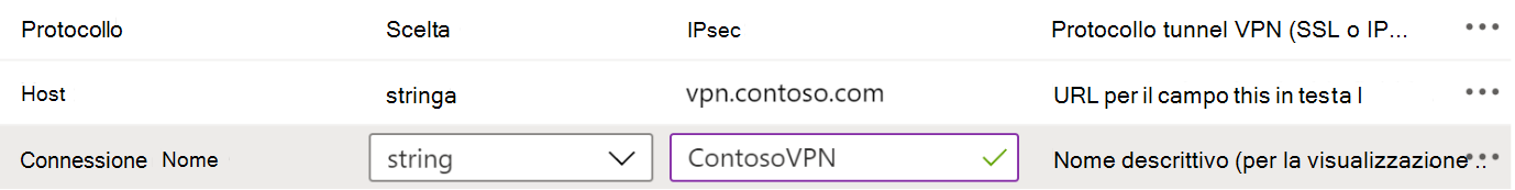 Esempi di protocollo, nome di connessione e nome host in un criterio di configurazione dell'app VPN in Microsoft Intune usando il Designer di configurazione