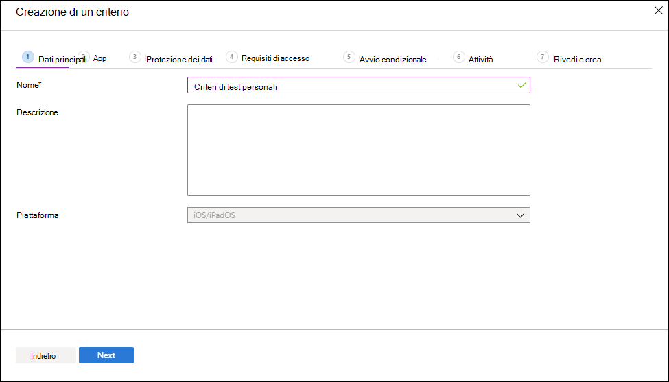Screenshot della pagina Informazioni di base del riquadro Crea criteri