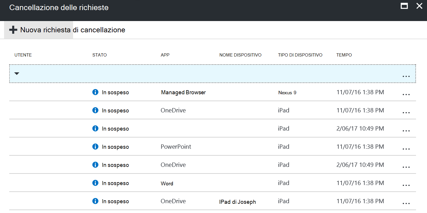 Screenshot dello stato della richiesta di cancellazione nel riquadro Cancellazione selettiva dell'app.