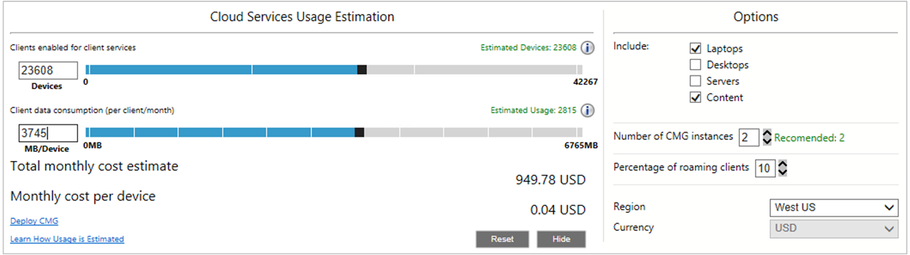 Screenshot dello strumento di stima dell'utilizzo dei servizi cloud
