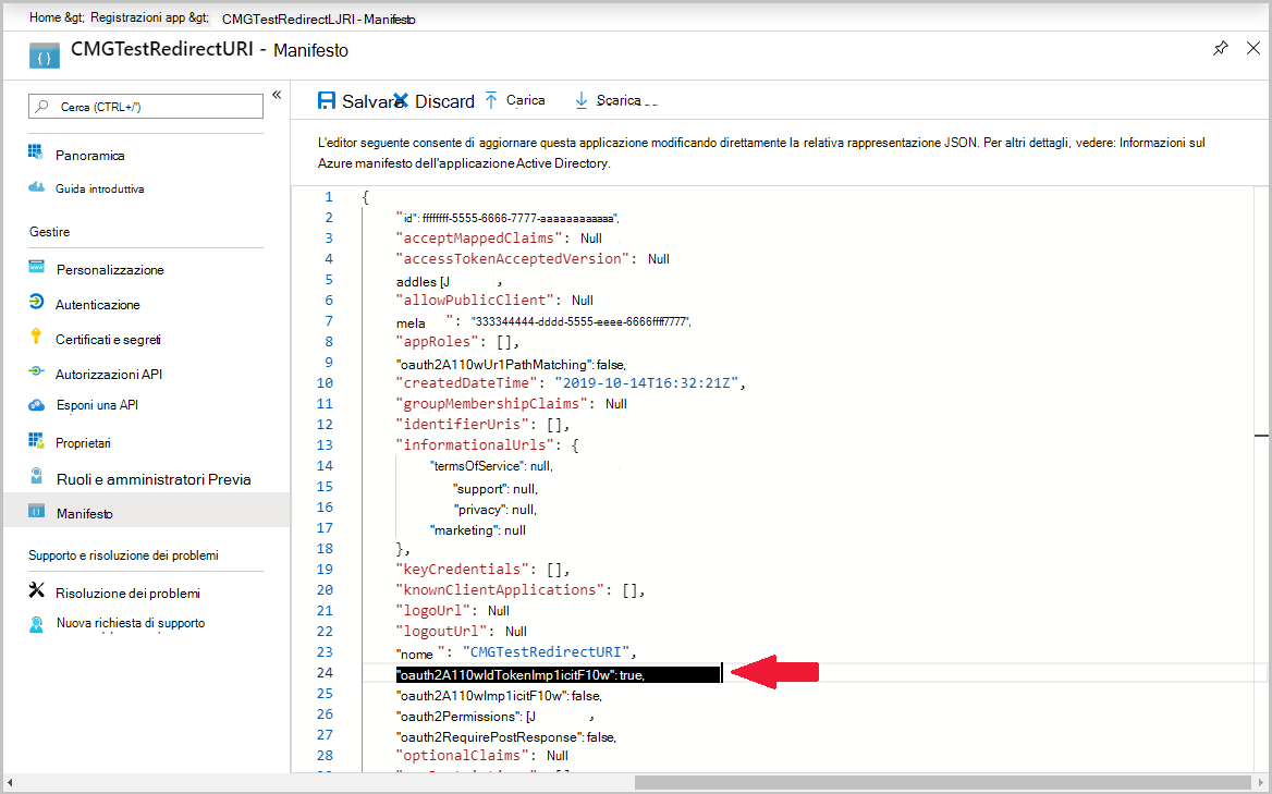 portale di Azure che mostra il manifesto per l'app registrata