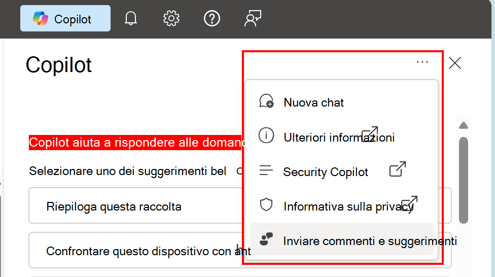 Screenshot che mostra come l'opzione Azure commenti e suggerimenti nell'interfaccia di amministrazione di Microsoft Intune e Intune.