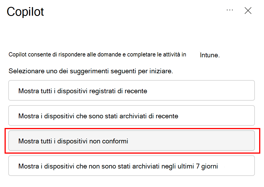 Screenshot che mostra tutti i dispositivi non conformi in un prompt di Copilot nell'interfaccia di amministrazione Microsoft Intune o Intune.