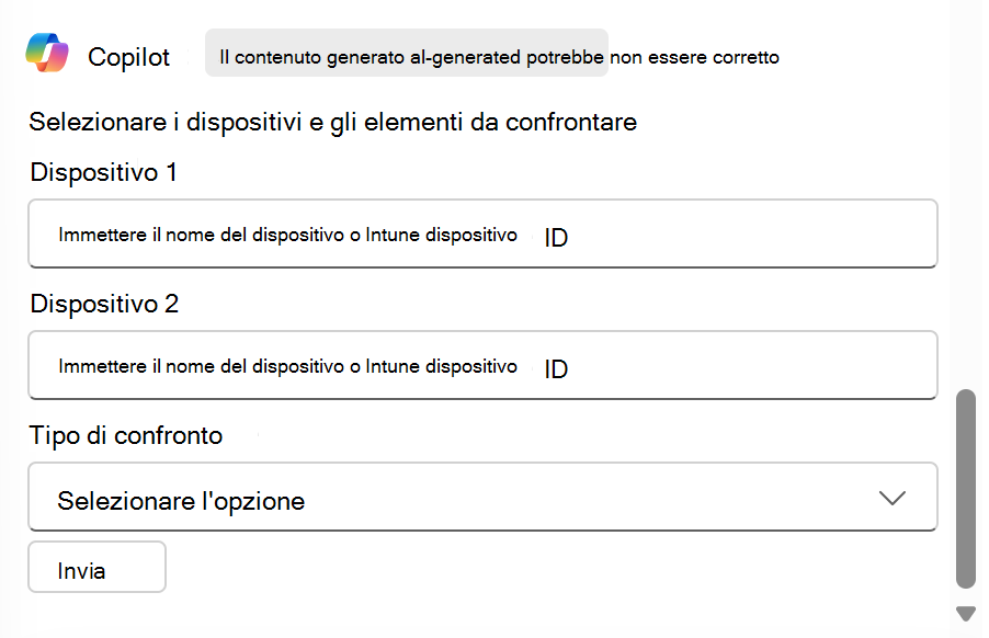 Screenshot che mostra Copilot che confronta due dispositivi nell'interfaccia di amministrazione Microsoft Intune o Intune.