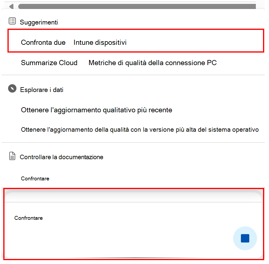 Screenshot che mostra il prompt di Copilot di confronto di un dispositivo Intune nell'interfaccia di amministrazione di Microsoft Intune o Intune.
