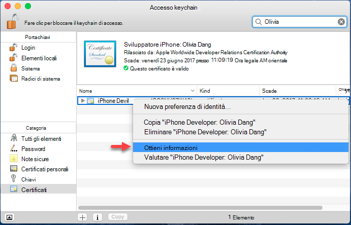 Aggiungere il certificato a un keychain