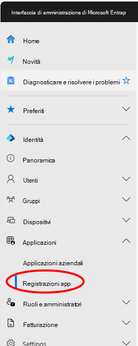 Screenshot del percorso del menu registrazioni app dell'interfaccia di amministrazione Entra.