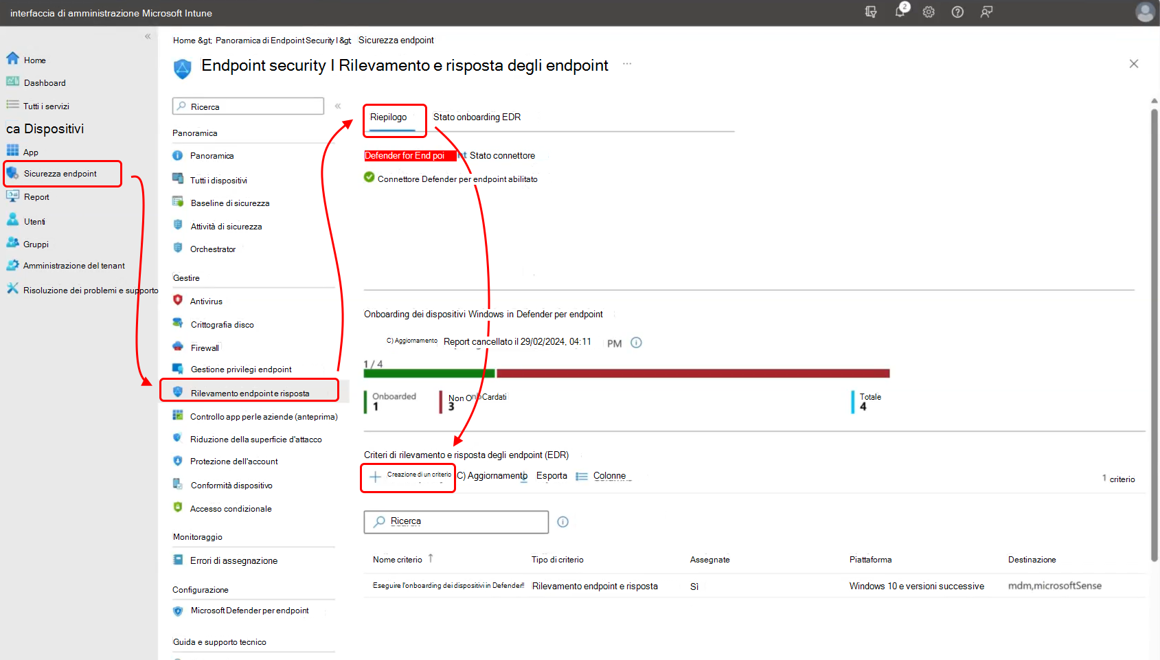 Screenshot dell'interfaccia di amministrazione che mostra dove trovare l'opzione Crea criteri.
