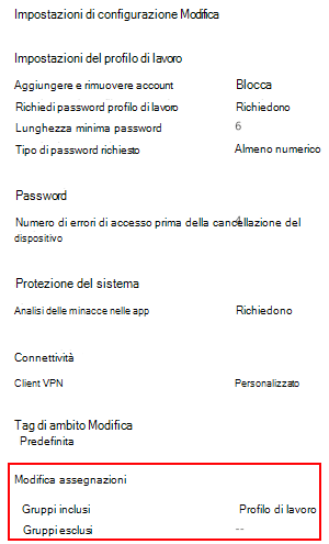 Screenshot che mostra come selezionare le assegnazioni per distribuire il profilo a utenti e gruppi in Microsoft Intune.