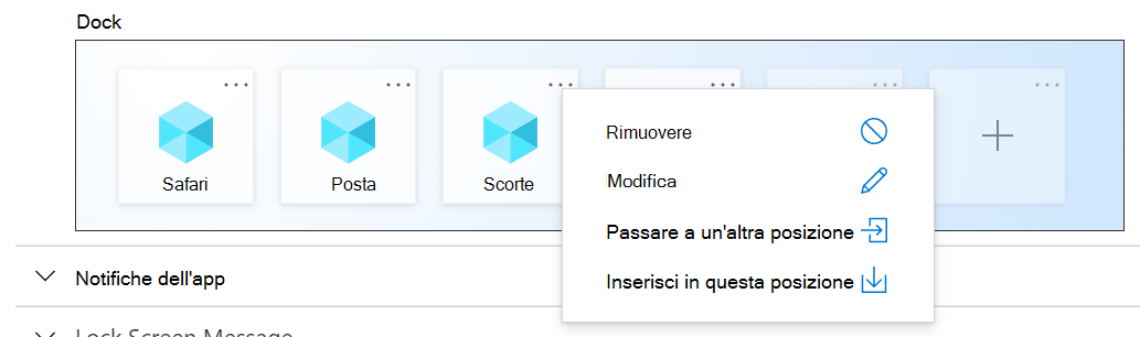 Impostazioni del dock per il layout della schermata iniziale di iOS/iPadOS di esempio in Microsoft Intune
