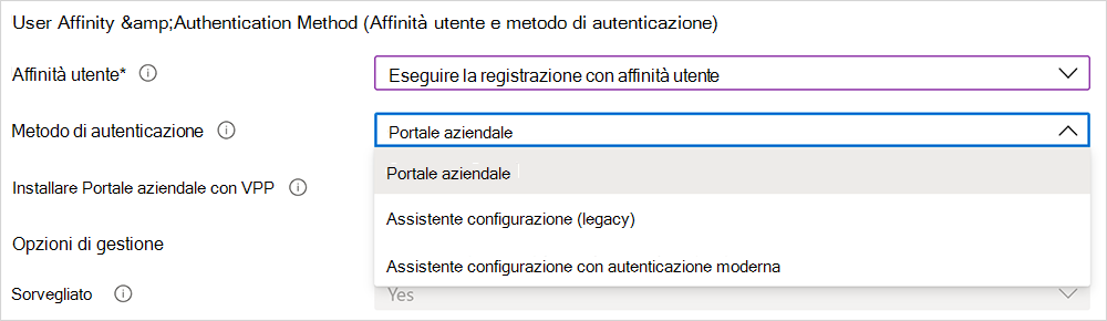 Screenshot delle opzioni del metodo di autenticazione.