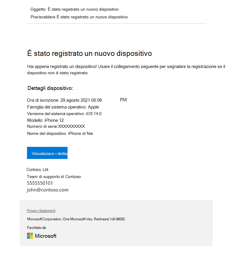 Immagine di esempio di una notifica di registrazione configurata in Intune, che notifica al destinatario che è stato registrato un dispositivo denominato *iPhone di Nia