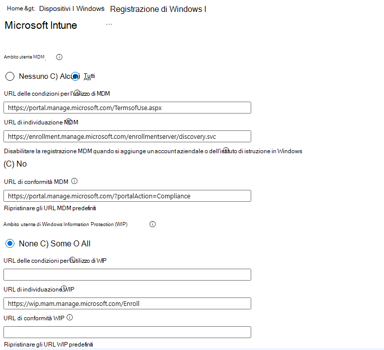 Screenshot che mostra l'ambito utente Microsoft Entra MDM.