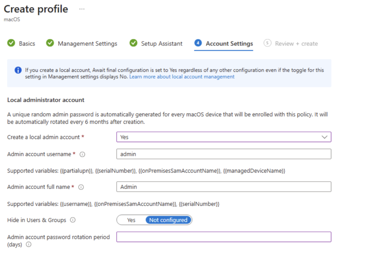Screenshot che mostra le opzioni disponibili per un account amministratore.