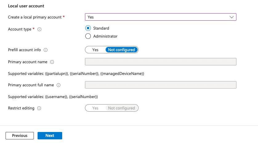 Screenshot che mostra le opzioni disponibili per un account utente non amministratore.